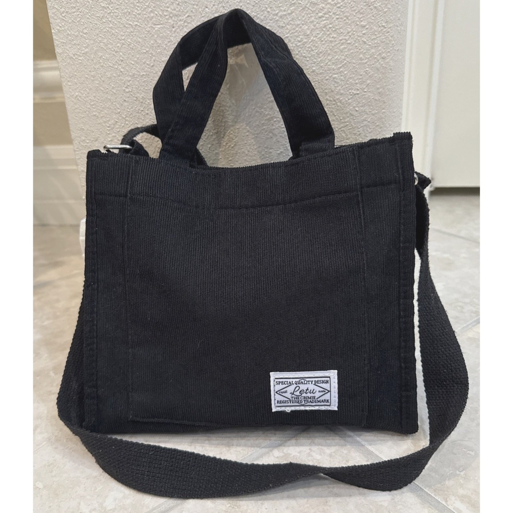 Letu Black Corduroy Mini Tote Handbag Adjustable Strap Top Handles 8.5 "×9.5"×3"